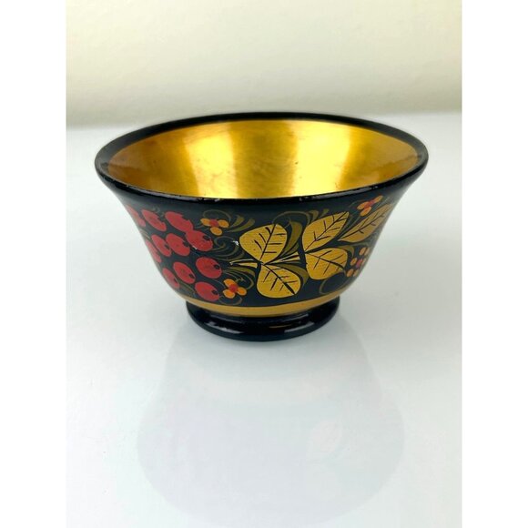 Vintage USSR Russian Wooden Lacquered Small Bowls Set of 2 Red Berries Gold Blck - Picture 16 of 16